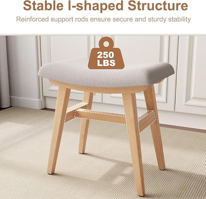 Wooden Vanity Stool, Makeup Small Bench Seat Solid Wood with Upholstery Saddle Seat Stools Concave Ergonomic Chair Easy to Install for Bedroom Wooden Vanity Chair, Wooden Stool 16" log Color