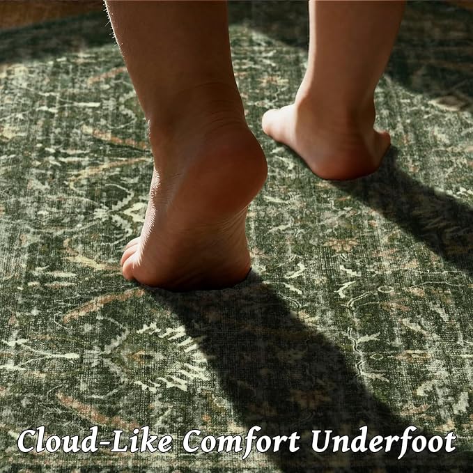 Washable 5x7 Area Rugs for Living Room, Boho Non-Slip Vintage Distress Rugs for Bedroom Dining Room Nursery Office, 0.3" Neutral Oriental Throw Thin Carpet with Cushioning Pad, Grass Green/Multi