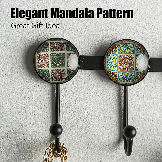 Boho Coat Rack Wall Mounted with 5 Hooks, Forest Theme Mandala Pattern Decorative Wall Hooks for Hanging Hat, Key, Towel, Purse, Bag, and Robe - for Entryway, Bathroom, and Kitche