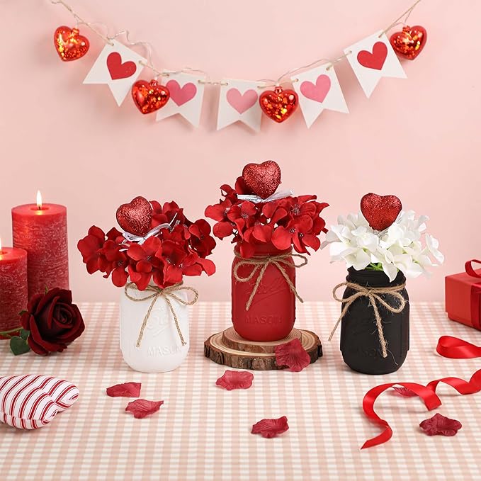 Valentines Table Decor, Valentines Mason Jar Centerpiece for Table with Wood Tray, Black Painted Decorative Mason Jars for Valentine‘s Decorations Kitchen Decor, Mothers Day Gift for Women