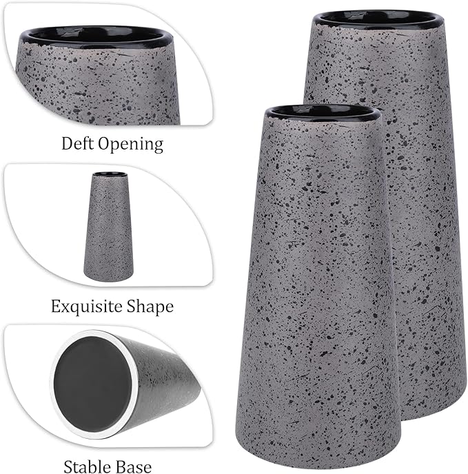 Bdor Ceramic Vase Set of 2, Modern Farmhouse Home Decor, Grey Vase with Polka Dots, Perfect for Dining, Living, Bathroom & Kitchen