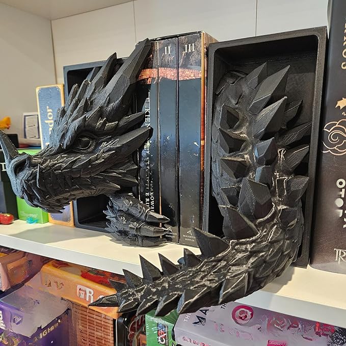Dragons Awakening Book End – Fantasy Book Nook Insert for Dragon Readers – Unique Home Decor for Bookshelves & Libraries (Black - Head and Tail)