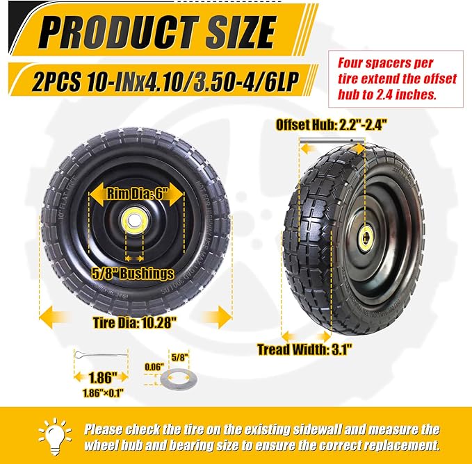MZREXN 2-Pack 10" Flat Free Solid Tires 4.10/3.50-4 Tire and Wheel, with 5/8" Axle Bore Hole, 2.2"-2.4" Offset Hub, for Hand Truck, Garden Cart,Trolleys, Yard Trailers, Utility Cart, Black