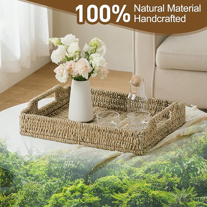 Wicker Scalloped Serving Tray with Handles - Seagrass Handwoven Trays,Water Hyacinth Tray for Home Decor and Living Room, Dining Table, Bathroom Organizing, 17.3" L x 13.4" W x 3.6" H