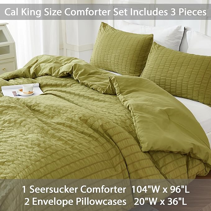 AveLom Olive Green Seersucker California King Comforter Set (104x96 inches), 3 Pieces-100% Soft Washed Microfiber Lightweight Comforter with 2 Pillowcases, All Season Down Alternative Bedding Set