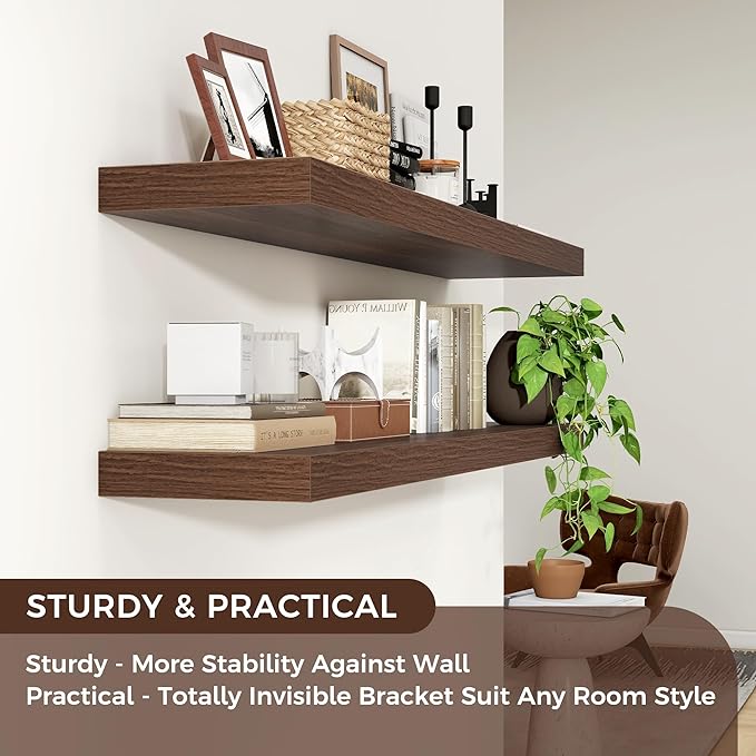 Floating Shelves for Wall 48"W x 9"D x 1.5"H, Long Engineered Wood Wall Shelves with Invisible Brackets for Living Room Bedroom Bathroom Office Kitchen Decor and Storage, Walnut Finish, Set of 2