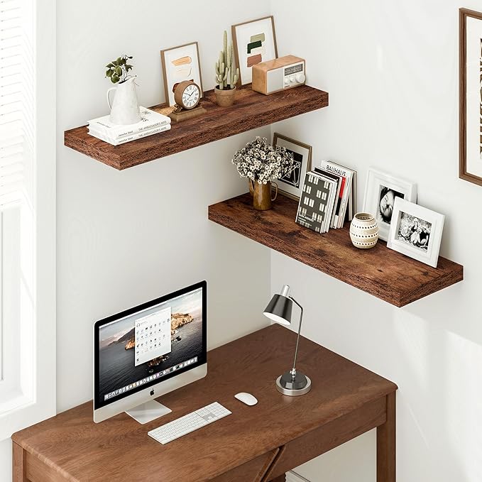 Vivelove 12" Deep Floating Shelves for Wall, [Wood Grain Texture] 35.4" Long Wall Shelves for Living Room Bedroom Bathroom Kitchen Office, Farmhouse Rustic Shelves Home Decor, Set of 2, Rustic Brown