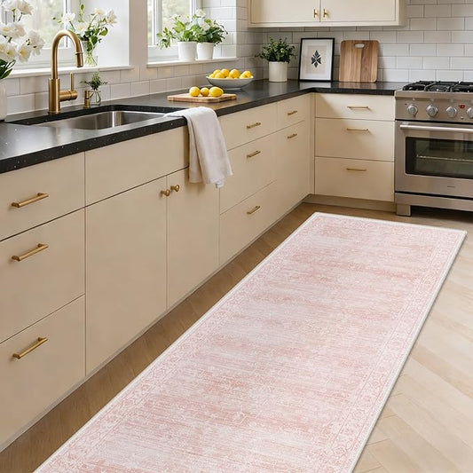 GENIMO 2'6''x6 Runner Rug,Machine Washable Non-Slip Vintage Rugs,Low Pile Lightweight Carpet for Bedroom,Hallway,Entryway,Kitchen,Bathroom,Pink