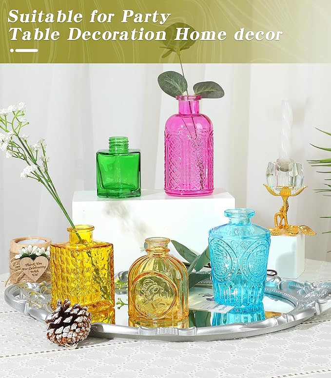 Set of 15 Colorful Glass Bud Vases - Small Textured Flower Vases for Centerpieces, Wedding Table Decor, Retro Home Decor Bulk Vase Set for DIY, Events & Gifts
