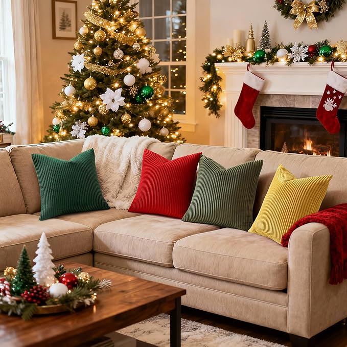 Mecatny Christmas Decorative Corduroy Throw Pillow Covers 18x18 Set of 2 for Sofa Living Room, Soft Neutral Boho Couch Pillow Covers for Home Decor, Christmas Red
