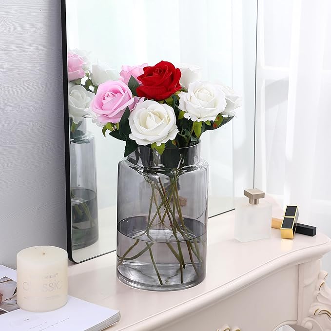 Large Glass Vase, 9 Inch Flower Vase, Black Vase, Glass Flower Vase for Bouquet, Tall Vases, Wide Mouth Vases for Flowers, Large Vases for Home, Wedding, Living Room, Office Decor