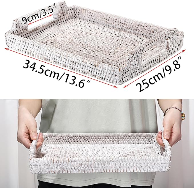Hipiwe Rattan Serving Tray with Wooden Handles - Hand Woven Decorative Tray for for Coffee Table, Rectangular Basket Ottoman Trays Wicker Fruit Bread Serving Basket, Whitewash