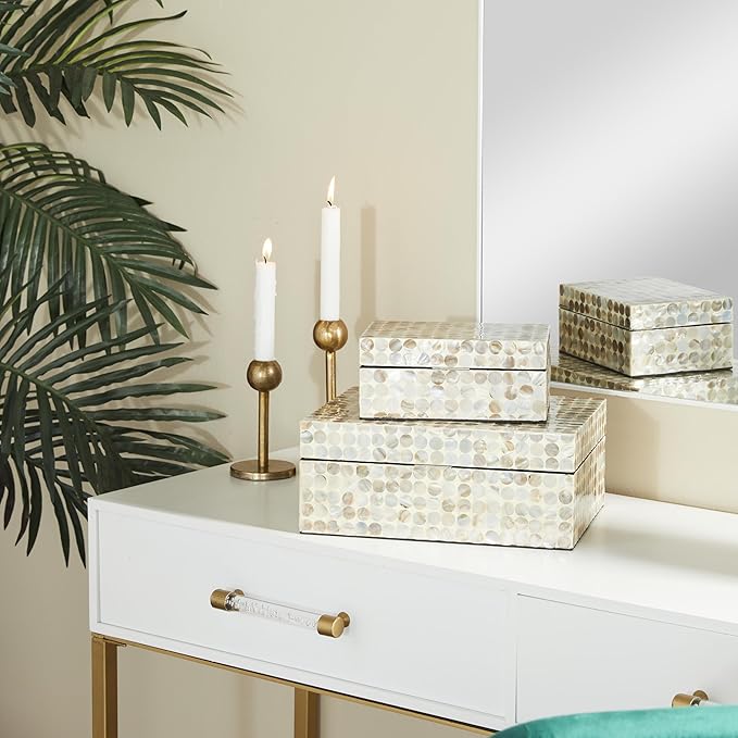 Deco 79 Mother of Pearl Shell Geometric Handmade Decorative Box Decorative Keepsake Boxes with Hinged Lid, Set of 2 Storage Boxes 12", 8"W, Cream