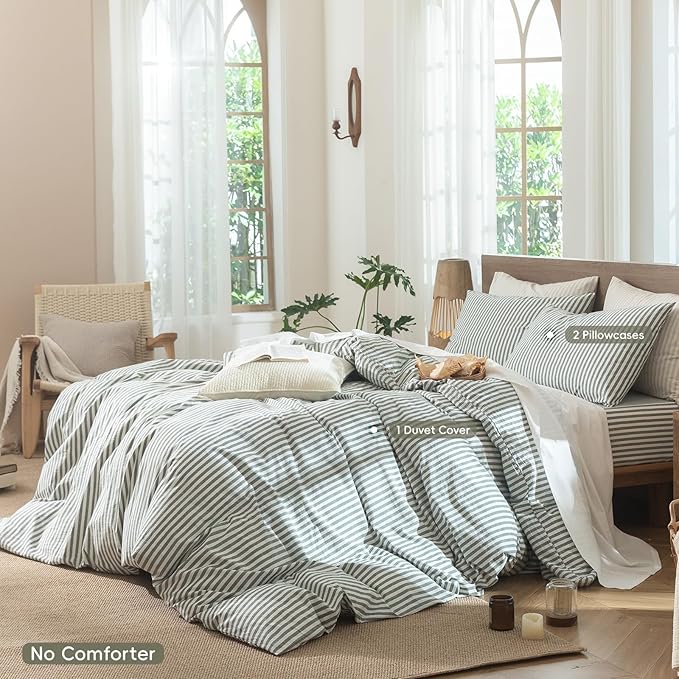 MooMee Striped Duvet Cover Set 100% Washed Cotton Linen Like Textured Breathable Durable Soft Comfy (Heathered Green Classic Stripes, Queen 90"x90")