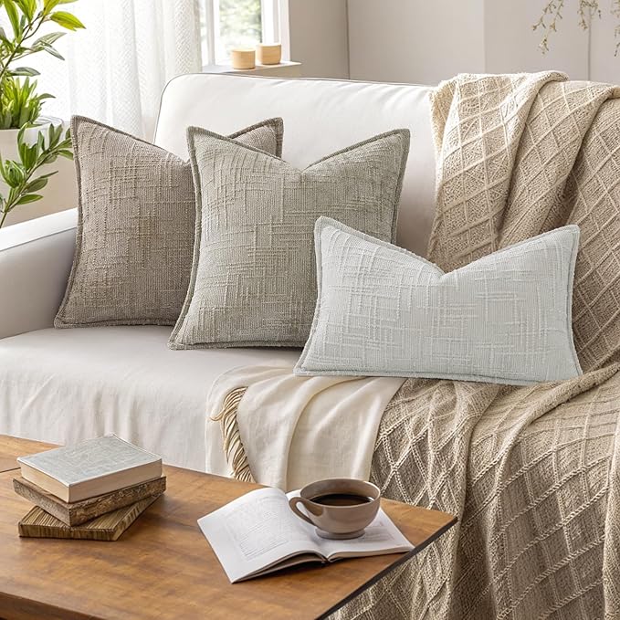 decorUhome Chenille Throw Pillow Covers 20x20 Set of 2, Thick Textured Slubby Neutral Decorative Pillow Covers with Elegant Design for Couch, Sofa, Living Room, Oatmeal