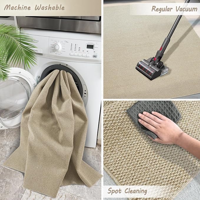 Fortsea 5'x7' Washable Area Rug for Living Room Natural Berber Rug Bedroom Non-Slip Rugs No Shed Faux Jute-Look Area Rugs Non-Skid Washable Area Rug (Camel, 5X7)