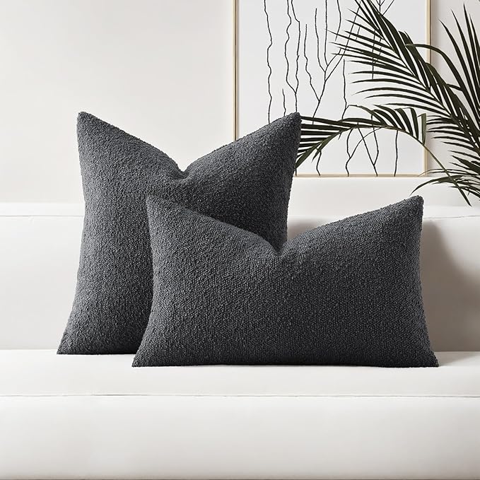 HAUSSY Set of 2 12x20 Decorative Throw Pillow Covers, Soft Cozy Textured Boucle Lumbar Pillow Cases, Home Decor for Couch Bed Living Room, Dark Grey