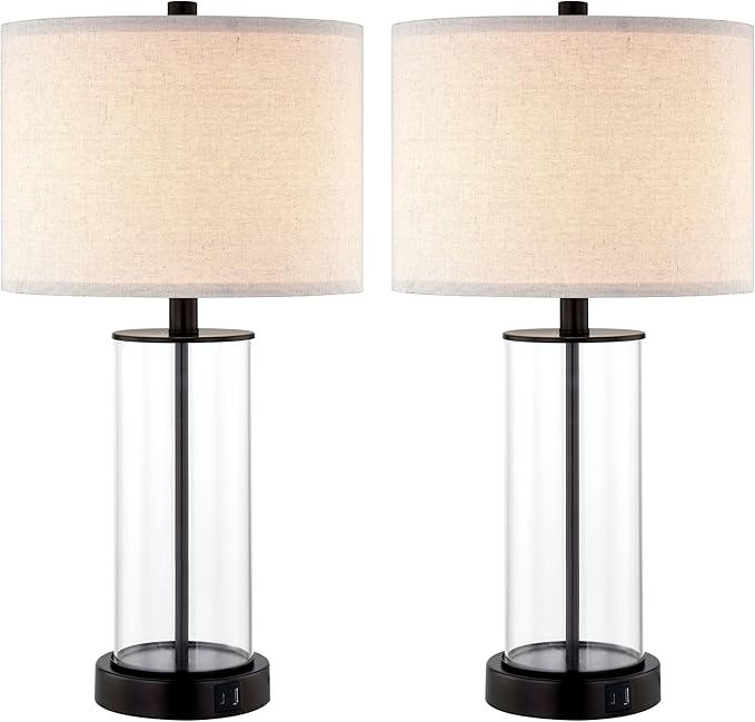 KAWOTI 23'' Clear Glass Table Lamp Set of 2 Bedroom Lamps with USB Ports and AC Outlet Living Room Nightstand Lamp Bulbs Included