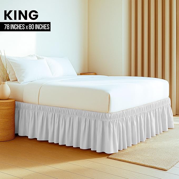 Utopia Bedding King Elastic Bed Ruffle - Easy Wrap Around Ruffle - Microfiber Bed Skirt with Adjustable Elastic Belt 16 Inch Tailored Drop - Hotel Quality Bedskirt, Fade Resistant (King, White)