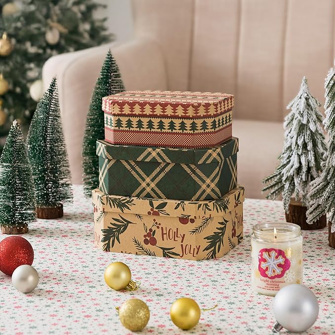 Soul & Lane Christmas Gift Boxes with Lids, Vintage Reusable Christmas Nesting Boxes for Presents, Decorative Cardboard Large Holiday Storage For Keepsakes and Decor, Set of 3