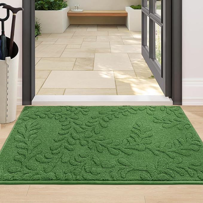 BEQHAUSE Dirt Trapper Door Mats 24”x36”, Non-Slip TPR Backing Dog Doormat, Super Absorbent Welcome Mat for Front Door, Muddy Shoes & Paws, Washable Entry Rugs, Green