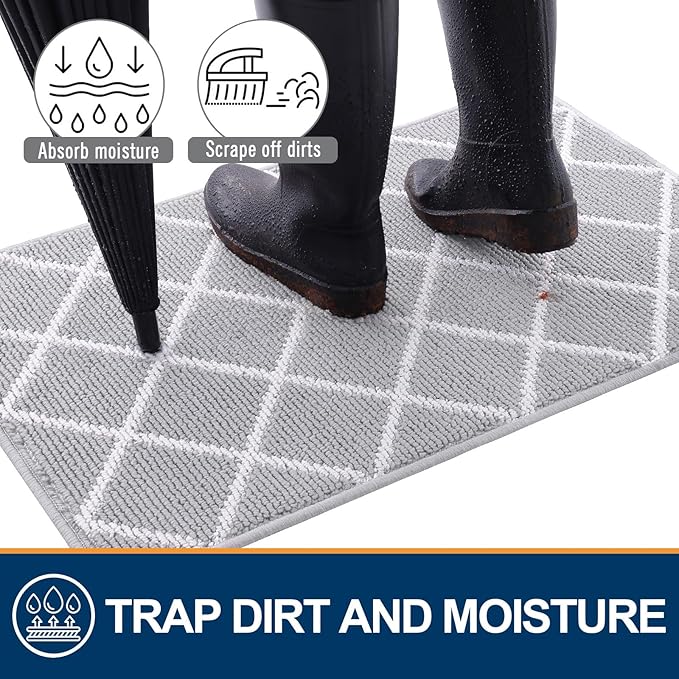 Finchitty Indoor Door Mat, Dirt Resistant and Absorbent, Low-Profile, Non-Slip, Washable Inside Floor Mats for Front Door, Back, and Entrance, 32" x 20", Light Grey