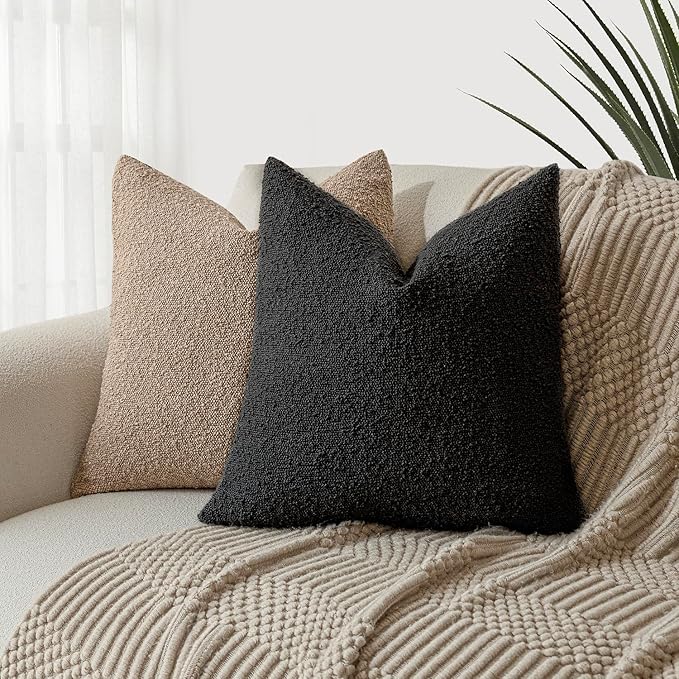 Foindtower Decorative Textured Boucle Throw Pillow Covers Accent Solid Pillow Cases Neutral Soft Cozy Couch Cushion Case for Chair Sofa Bedroom Living Room Home Decor 18 x 18 Inch,Black