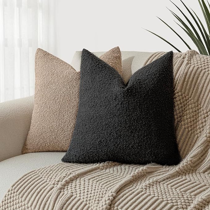 Foindtower Decorative Textured Boucle Throw Pillow Covers Accent Solid Pillow Cases Neutral Soft Cozy Couch Cushion Case for Chair Sofa Bedroom Living Room Home Decor 24 x 24 Inch,Black