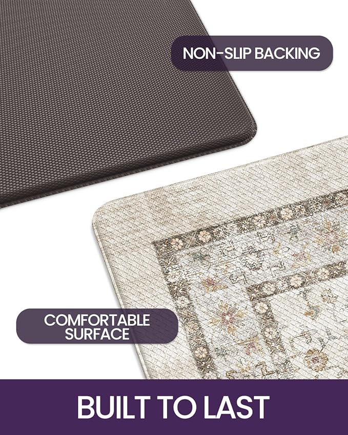 DEXI Kitchen Floor Mats Cushioned Anti Fatigue, 23x86 Long Wide Standing Comfort Runner Rug, Waterproof Retro Floral Memory Foam Padded for Front Sink Laundry, Beige/Ivory