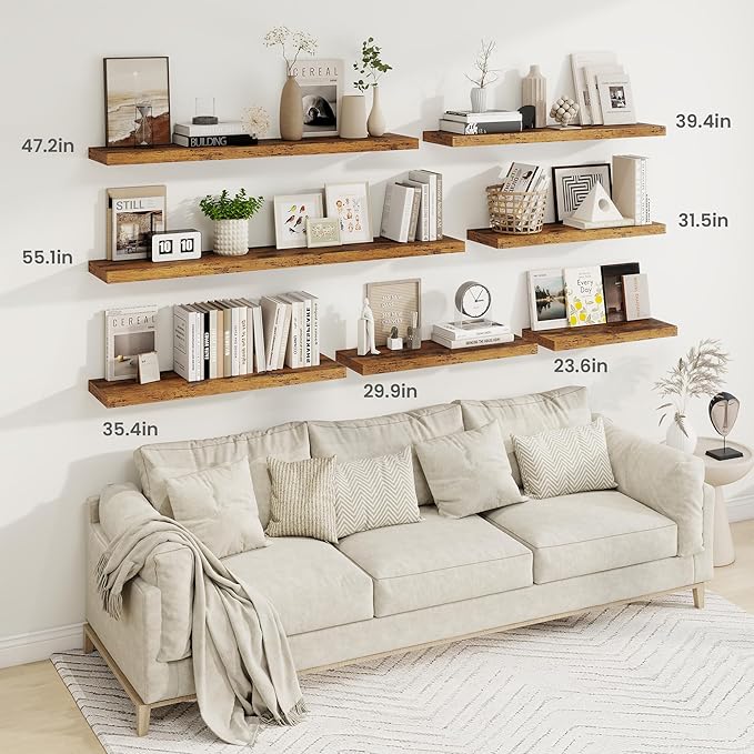 Fun Memories 9.3Inch Deep Floating Shelves for Wall, 30 Inch Rustic Wood Wall Mounted Shelves for Bathroom, Bedroom, Kitchen, Deep Floating Shelf for Storage & Home Decor (Brown, Set of 2)