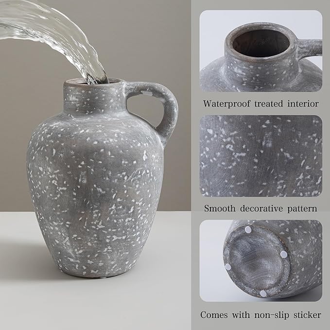 Ceramic Decorative Flower Vase with Handle, 8.85 Inch Pottery Rustic Farmhouse Vase for Home Decor, Living Room, Shelf Decor, Wedding, Housewarming Gift