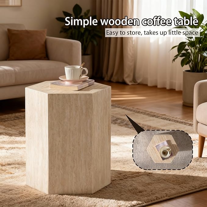Modern Hexagonal Side Table, Walnut Wood MDF Coffee Table with Natural Texture, Non-Slip Surface, 15.7x13.8x18.9 Inches (Travertine)