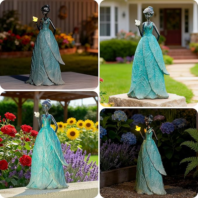 Solar Fairy Statue Collection Home Decoration 12.9 in - Leaf Angel Girls Resin Home Garden Decor for Outside or Inside Rustic Fairy Garden Outdoor Yard Figurines Gifts for Women