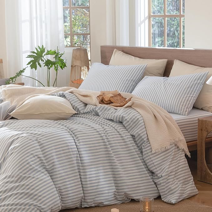 MooMee Striped Duvet Cover Set 100% Washed Cotton Linen Like Textured Breathable Durable Soft Comfy (Cornflower Blue White Classic Stripes, King 104"x90")