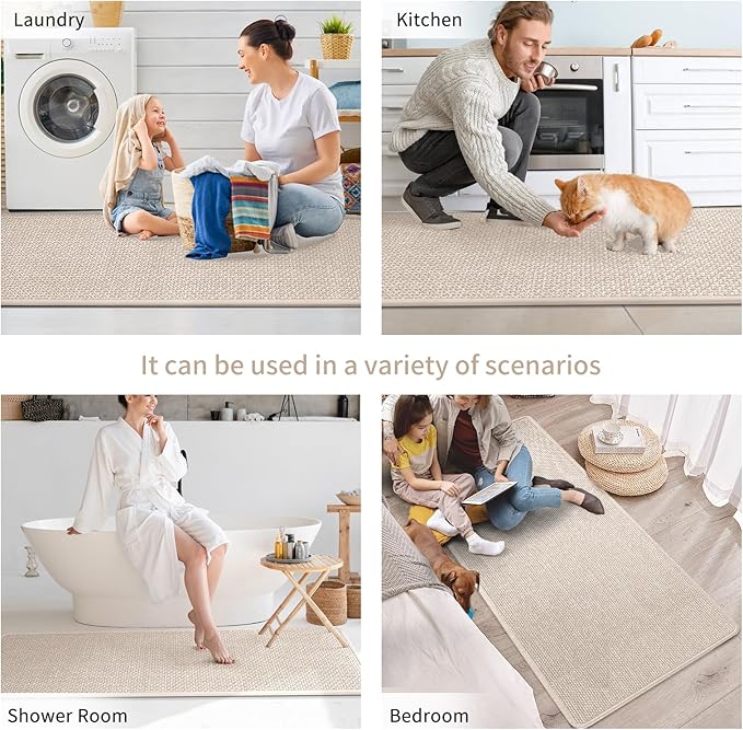 Kitchen mats for Floor Water and Oil Absorbent Runner Rugs for Kitchen, Kitchen Mat in Front of Sink,Non-Slip Kitchen Rugs,Durable Imitation Linen Kitchen Rug Beige 17x30+17x59