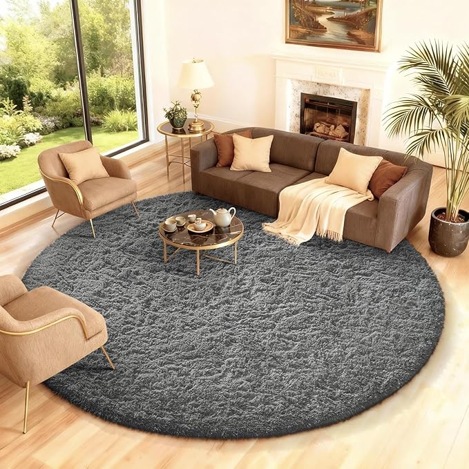 Ophanie Round Rug 8Ft Grey Circle Area Rugs, Large Fluffy Fuzzy Living Room Carpet 8 feet, Plush Shag Solid indoor Floor Gray Bedroom Christmas Circular Aesthetic Decor for Kids Teen Boys Baby,Nursery