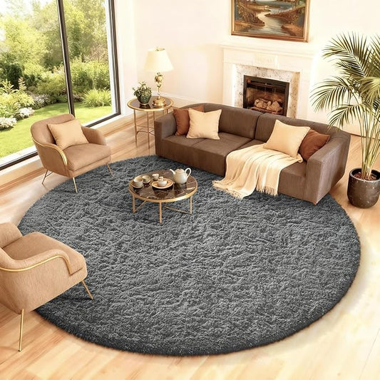 Ophanie Round Rug 8Ft Grey Circle Area Rugs, Large Fluffy Fuzzy Living Room Carpet 8 feet, Plush Shag Solid indoor Floor Gray Bedroom Christmas Circular Aesthetic Decor for Kids Teen Boys Baby,Nursery