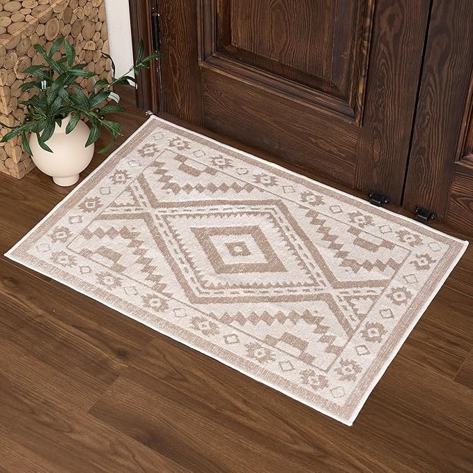 RAMEFILD Moroccan Washable Entryway Rug 2x3, Geometric Woven Area Rug, Non-Slip Boho Accent Soft Low-Pile Front Door Mat Indoor Entrance, Small Throw Rug for Bathroom Front Porch, Cream/White