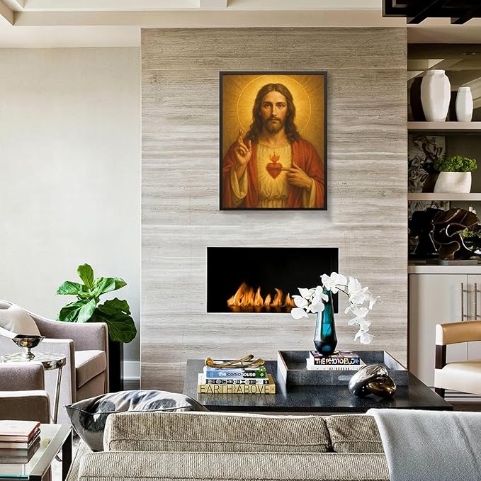 Framed Sacred Heart of Jesus Canvas Wall Art Divine Mercy Wall Decor Jesus Portrait Painting Christian Religious Artwork Catholic Poster Prints for Bedroom Living Room Prayer Room Church 12x16in