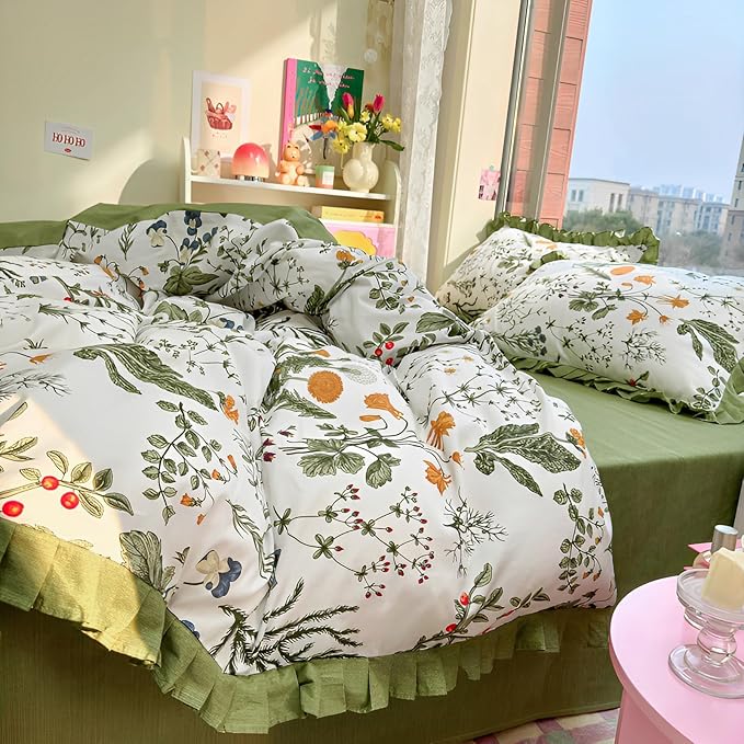 Romantic Green Floral Duvet Cover Queen 3 Pieces Ruffle Duvet Cover Girls Flower Comforter Cover 100% Cotton Vintage Floral Green Lace Bedding Cottagecore Flower Comforter Cover with 2 Pillowcases