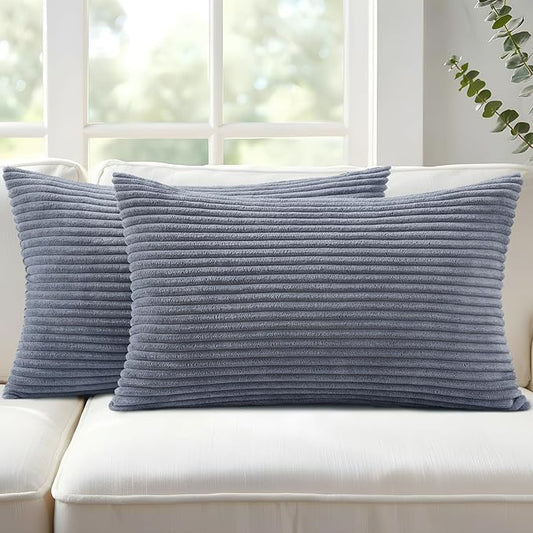 Mecatny Corduroy Decorative Throw Pillow Covers 12x20 Set of 2 for Sofa Living Room, Soft Neutral Boho Couch Pillow Covers for Home Decor, Blue Grey