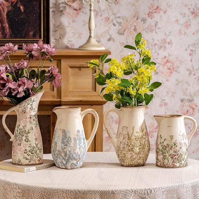 Vintage Ceramic Pitcher Vase with Handle, Farmhouse Green and Pink Large Floral Vases, Chinoiserie Decorative Vase, Rustic Table Centerpiece for Home Decor Living Room, Bookshelf, Office 10.5 Inch