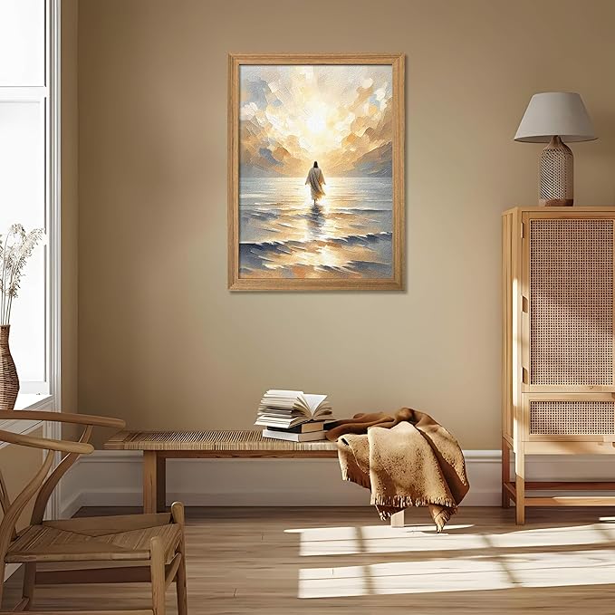 Framed 3D Textured Jesus Walking on Water Wall Art, Christian Bible Stories Wall Decor Paintings, Jesus Walks on Water on Water Back Posters Prints Pictures for Church Living Room Bedroom 12x16 Inch