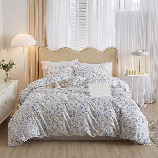 Cotton Floral Duvet Cover Full White Blue Floral Print Full Bedding Sets Vintage Boho Flower Comforter Cover Aesthetic Bedding Botanical Duvet Cover Cottagecore Comforter Cover with Zipper Closure