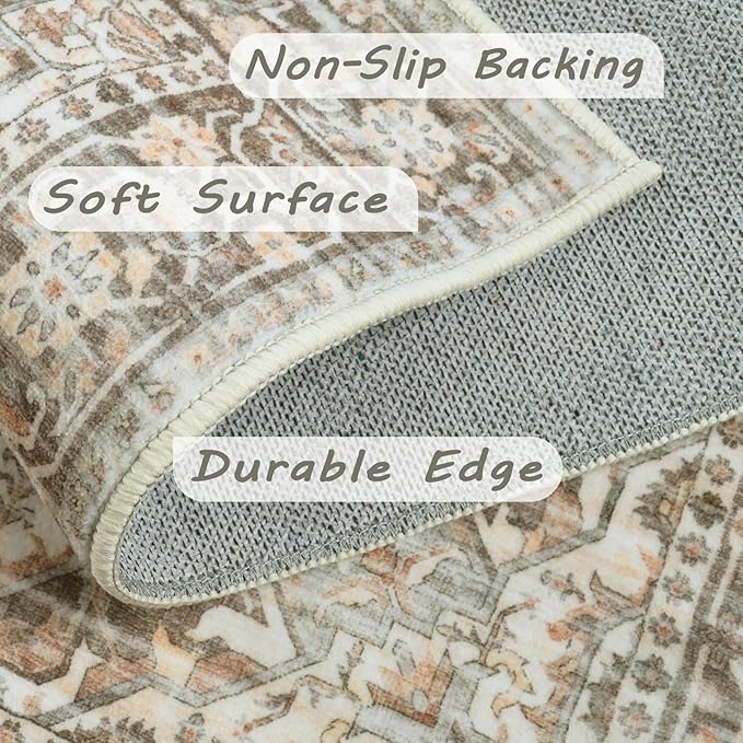 Fortsea Area Rug 2x3 Washable Door Mat, Vintage Distressed Rug Indoor Entrance Traditional Thin Rug, Floral Print Non Slip Carpet for Kitchen Bathroom Bedroom Living Room (Brown, 2X3)