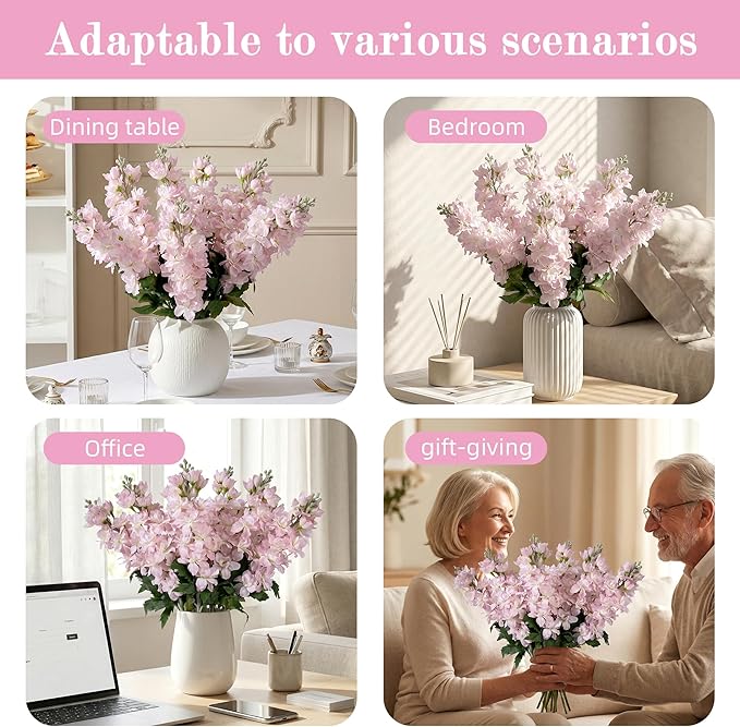 Fake Flowers Delphinium Artificial Flowers Silk Flowers with Stems Long Stem Artificial Flowers for Tall Vase Faux Flowers for Indoor Home Decoration Wedding Decoration Centerpiece (23.6”,8Pcs,Pink)