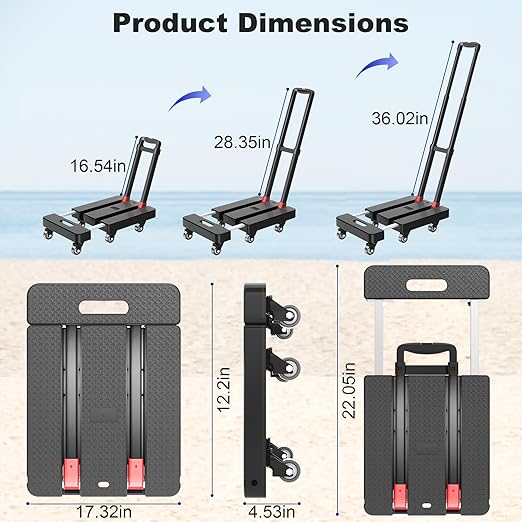 Folding Hand Truck, 500 LBS Heavy Duty Foldable Dolly Cart with Wheels, Telescoping Handle & 2 Elastic Ropes, Portable Luggage Cart for Moving, Travel, Home, Black Red