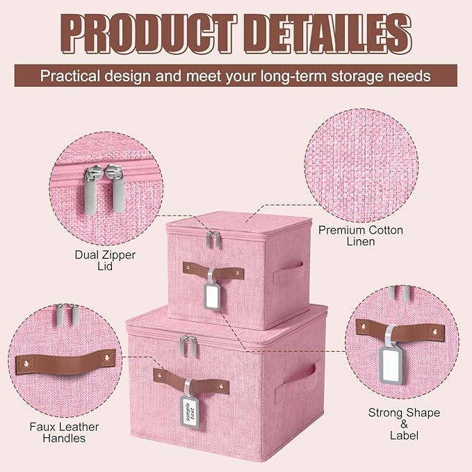 6 Pack Fabric Storage Bins with Lids and Label, 10×8×7Inch Foldable Cotton Linen Cute Storage Boxes with PU Leather Handles for Closet, Bedroom, Shelf, Nursery, Pink