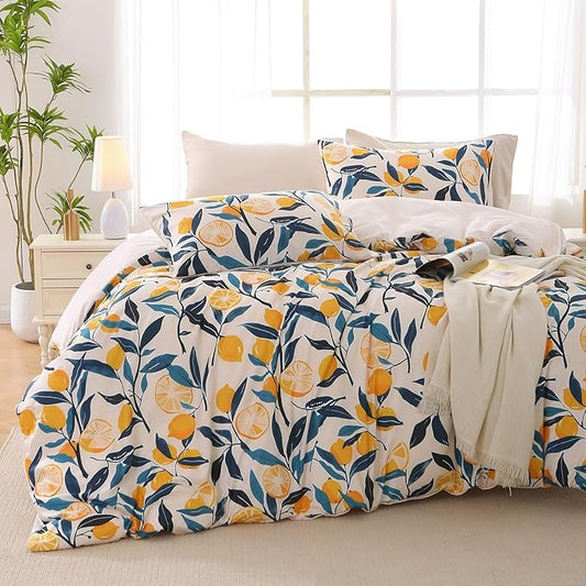Duvet Cover King Size, Reversible Floral Vintage Duvet Cover Set with Zipper Closure, 3 Pieces Botanical Patterns Soft Microfiber Bedding Set (90"x104", 2 Pillow Cases 20"×36", Lemon Flower Green)