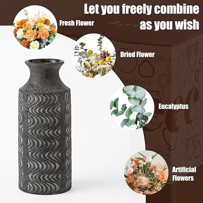 Black Vintage Vase - 11 in Ceramic Decorative Vase - Tall Flower Vase for Home Decor - Table Pedestal Cylinder Bud Vases for Centerpieces - Decoration Farmhouse Vase by Lyeec